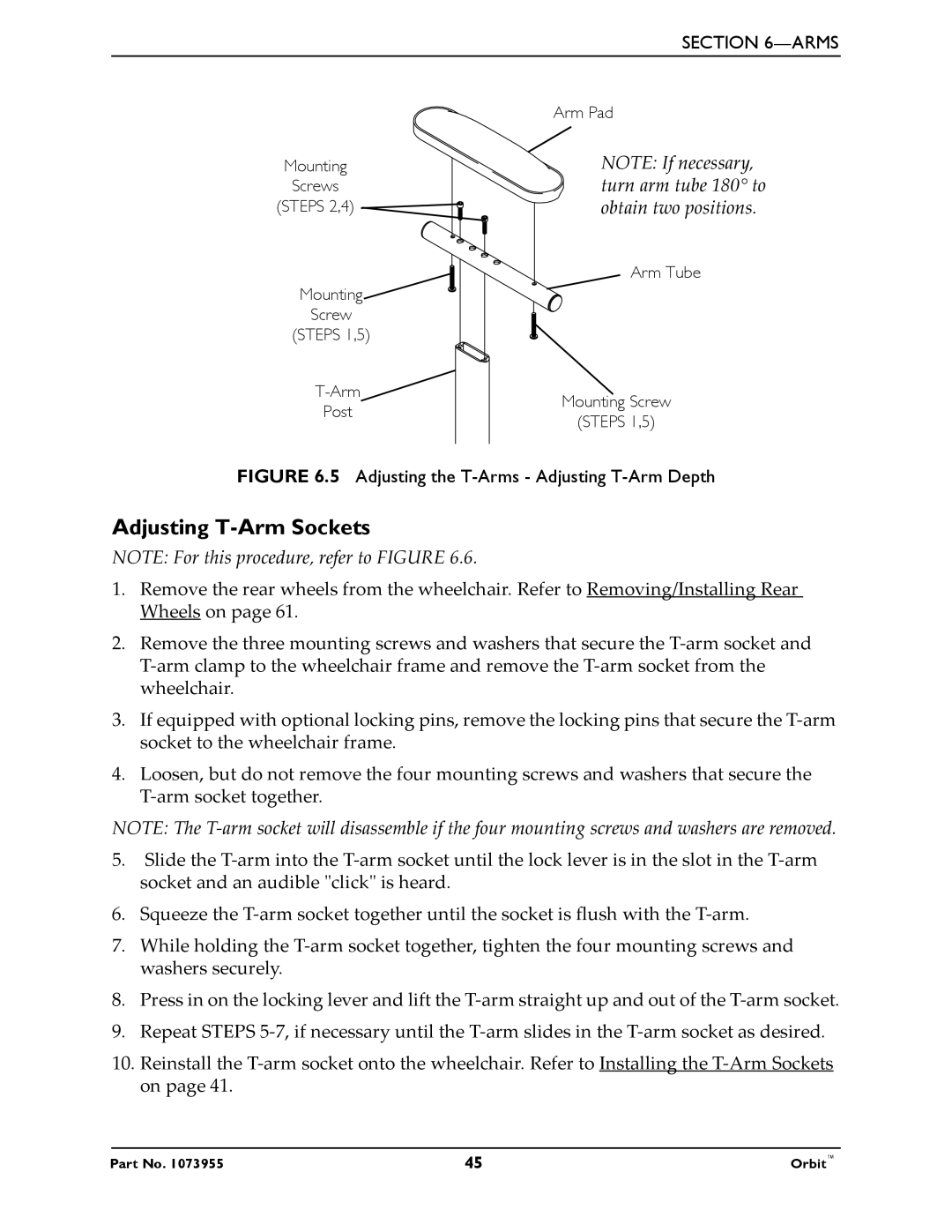 Invacare 1073955 manual Adjusting T-Arm Sockets, Adjusting the T-Arms- Adjusting T-Arm Depth 