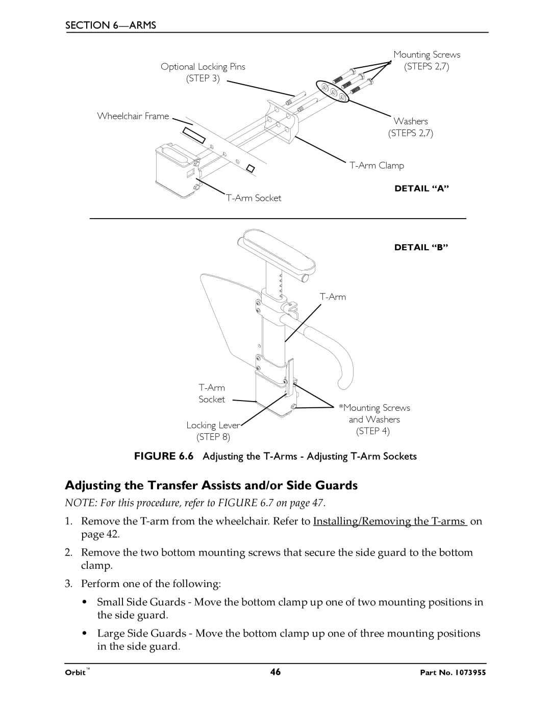 Invacare 1073955 manual Adjusting the Transfer Assists and/or Side Guards, Adjusting the T-Arms- Adjusting T-Arm Sockets 