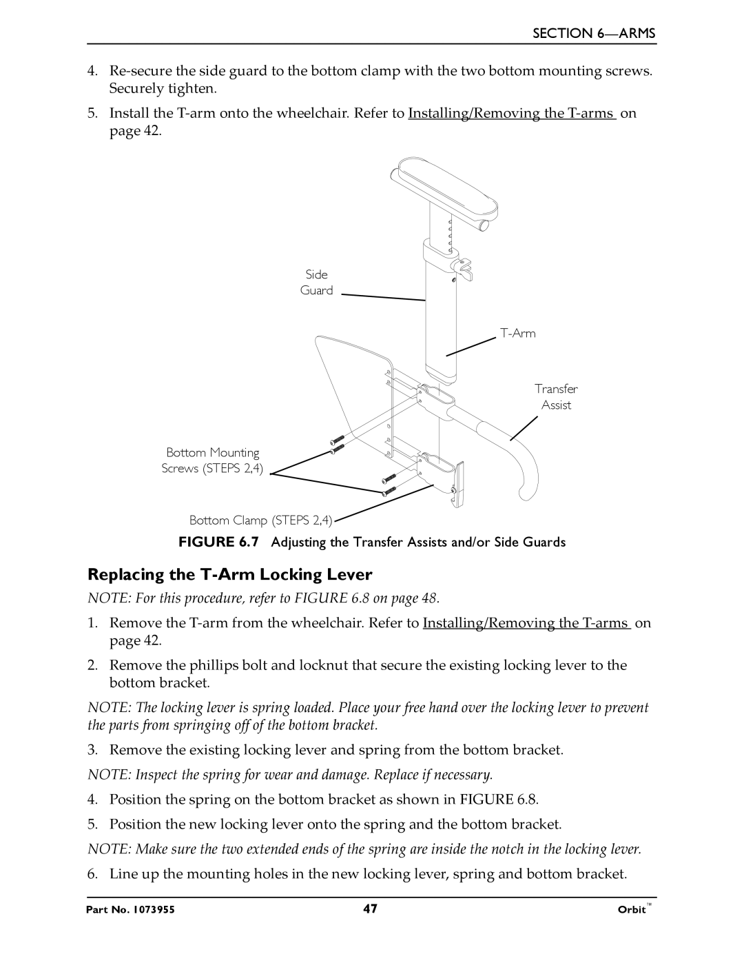 Invacare 1073955 manual Replacing the T-Arm Locking Lever, Adjusting the Transfer Assists and/or Side Guards 