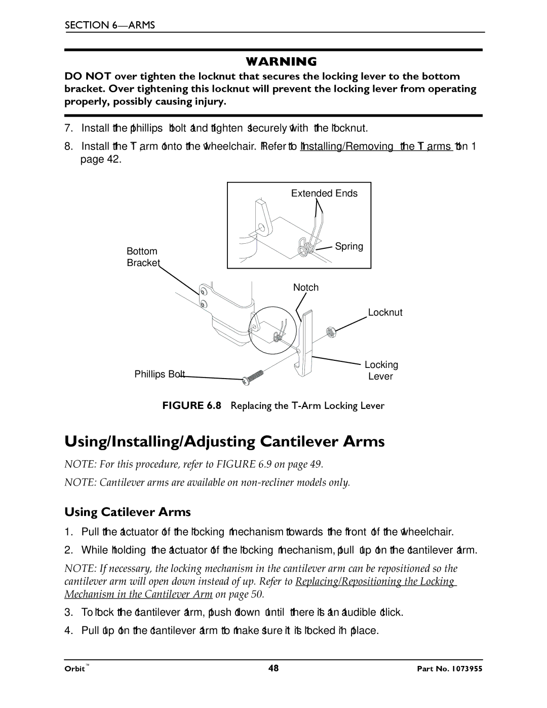 Invacare 1073955 manual Using/Installing/Adjusting Cantilever Arms, Using Catilever Arms 