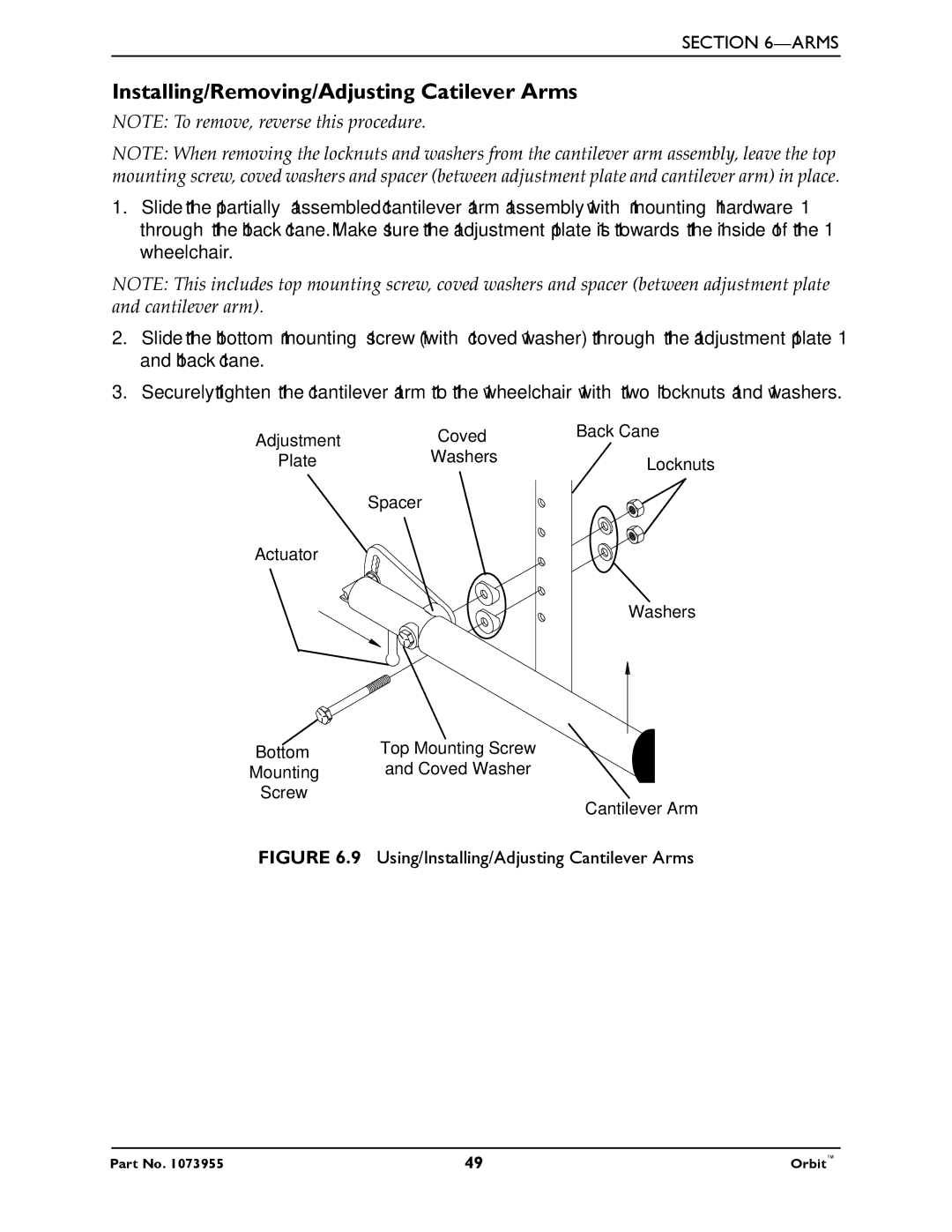 Invacare 1073955 manual Installing/Removing/Adjusting Catilever Arms, Using/Installing/Adjusting Cantilever Arms 