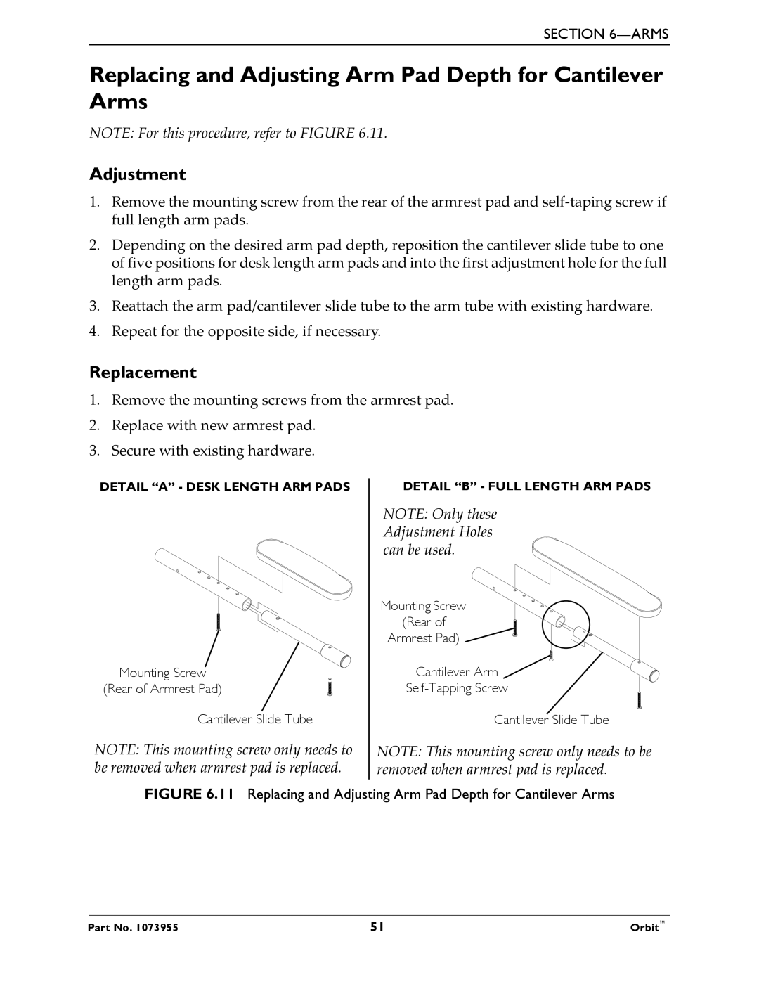 Invacare 1073955 manual Replacing and Adjusting Arm Pad Depth for Cantilever Arms, Adjustment, Replacement 