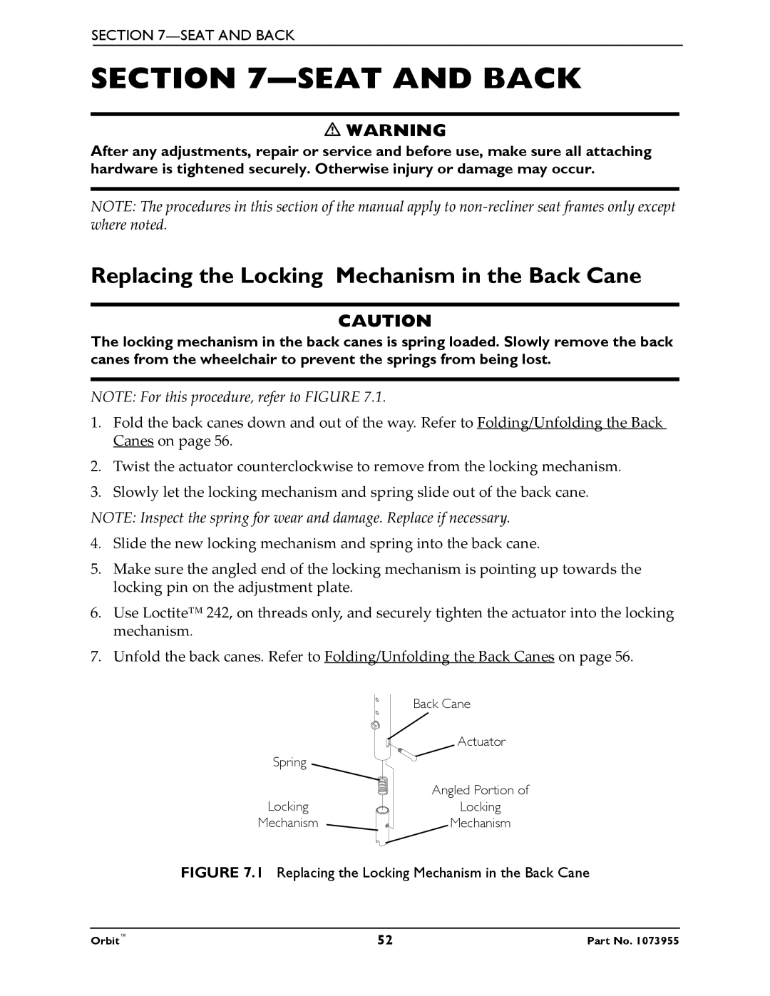 Invacare 1073955 manual Seat and Back, Replacing the Locking Mechanism in the Back Cane 