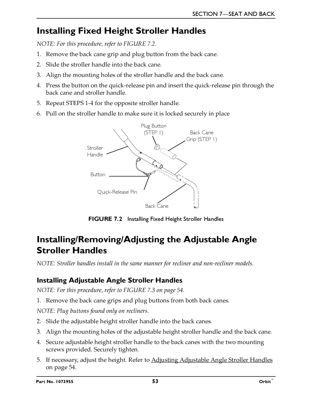 Invacare 1073955 manual Installing Fixed Height Stroller Handles, Installing Adjustable Angle Stroller Handles 