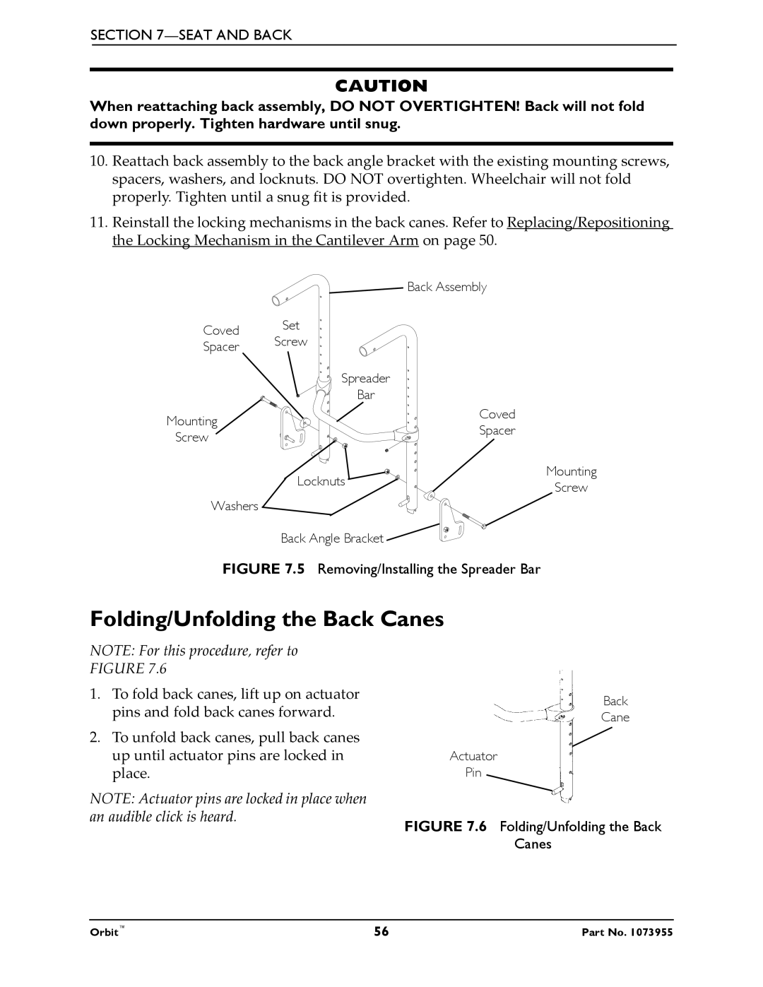 Invacare 1073955 manual Folding/Unfolding the Back Canes, Removing/Installing the Spreader Bar 