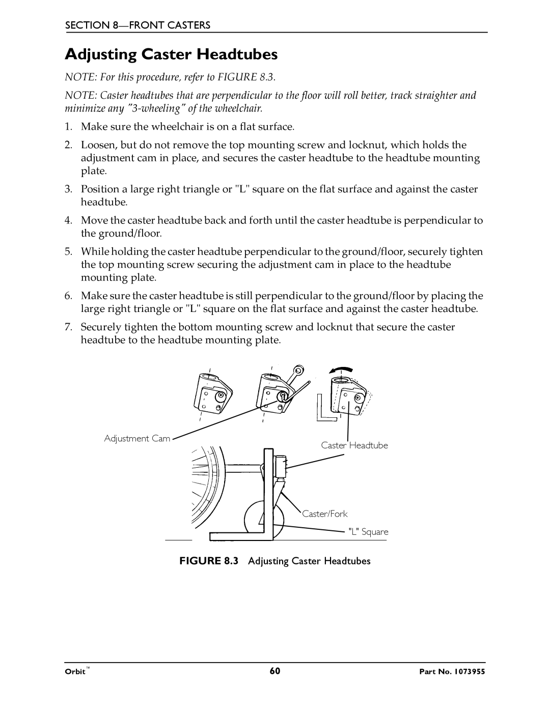 Invacare 1073955 manual Adjusting Caster Headtubes 