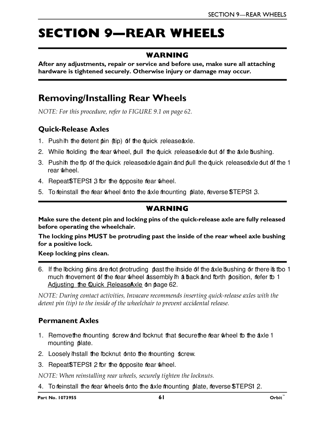 Invacare 1073955 manual Removing/Installing Rear Wheels, Quick-Release Axles, Permanent Axles 