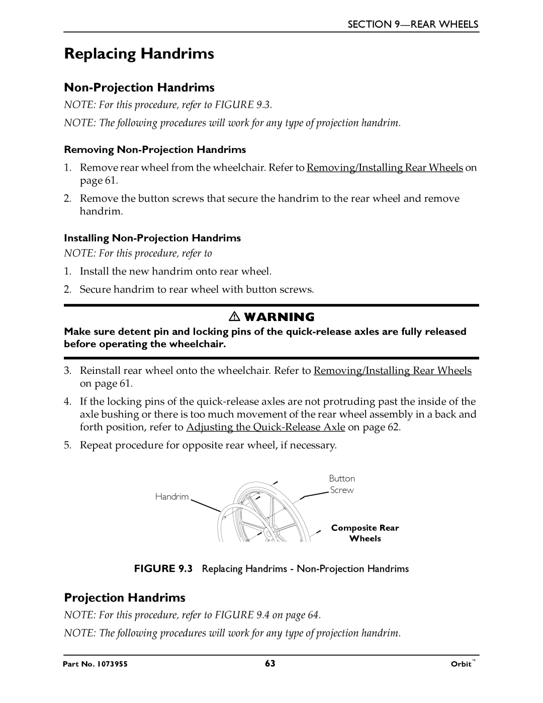 Invacare 1073955 manual Replacing Handrims, Removing Non-Projection Handrims, Installing Non-Projection Handrims 