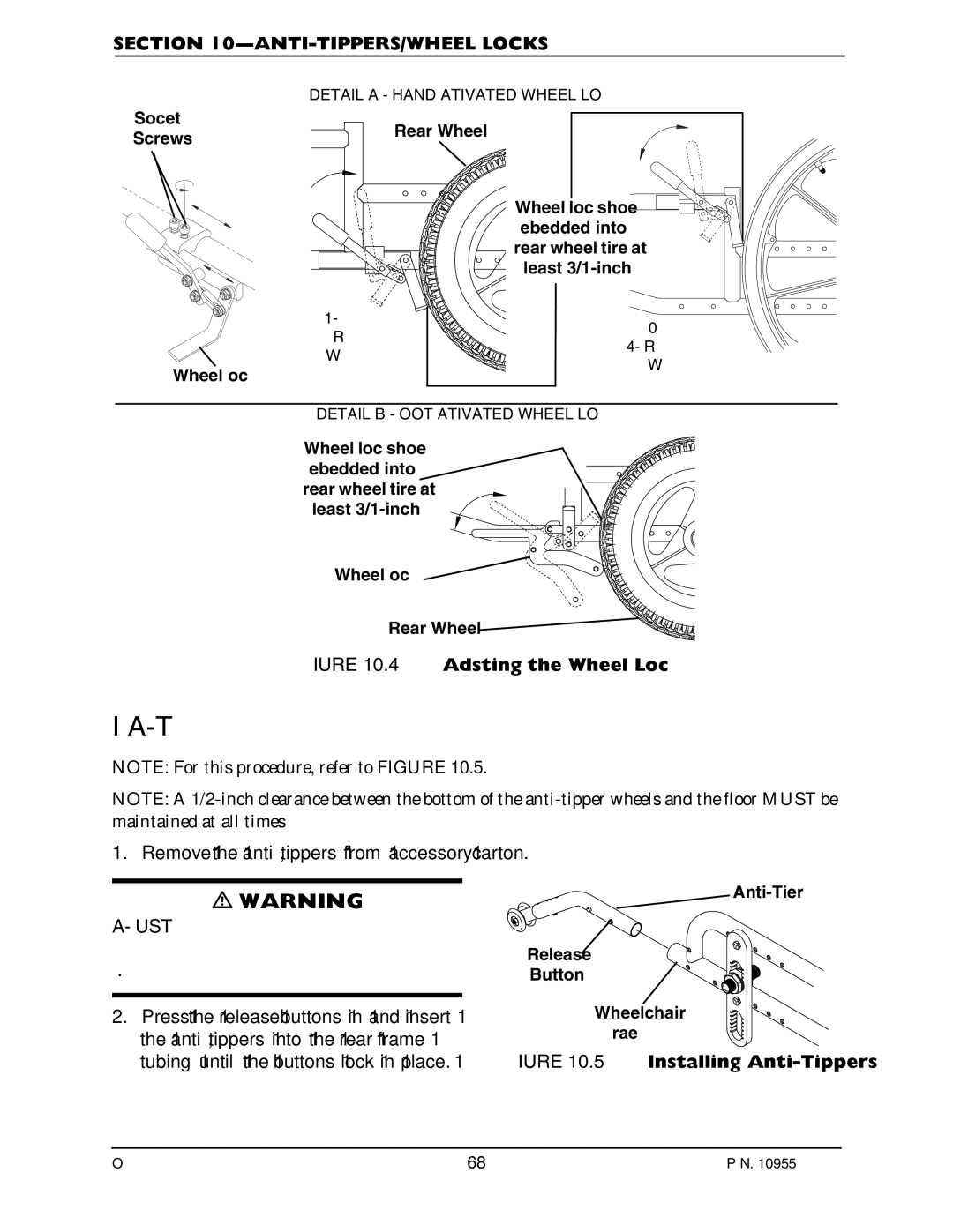 Invacare 1073955 manual Installing Anti-Tippers, Adjusting the Wheel Lock 