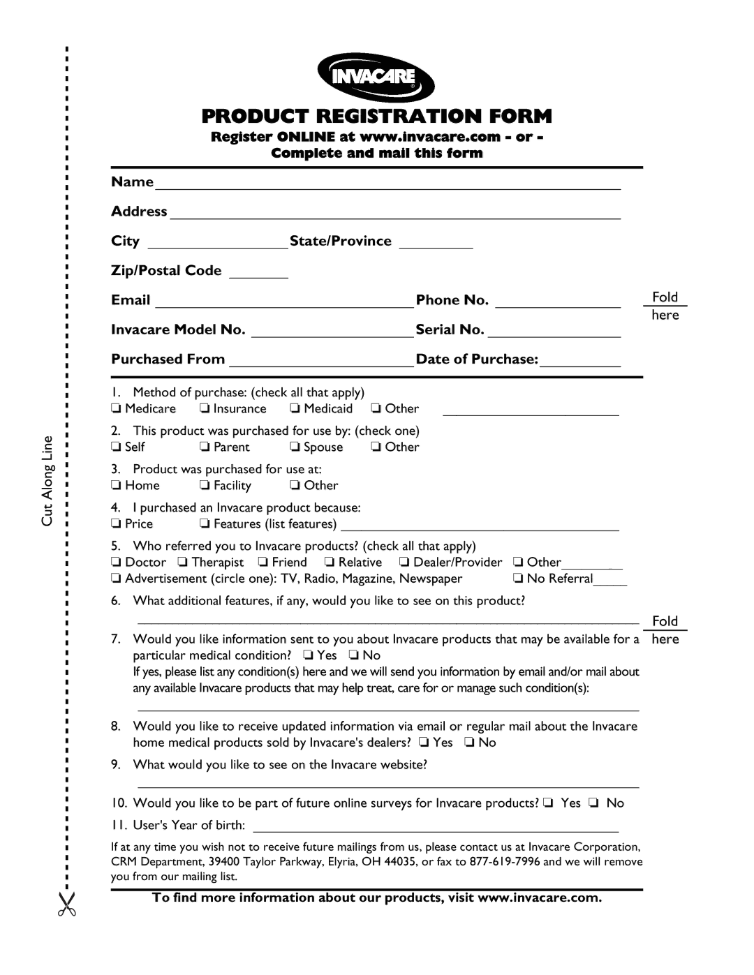 Invacare 1073955 manual Product Registration Form, City State/Province 