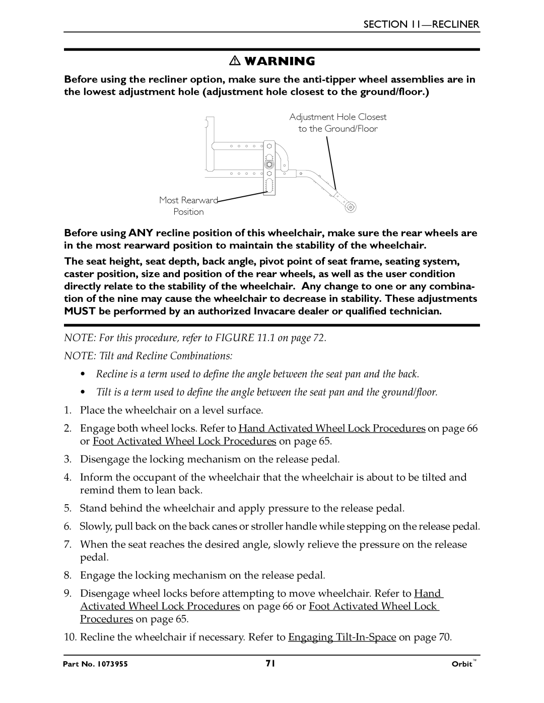Invacare 1073955 manual Recliner 