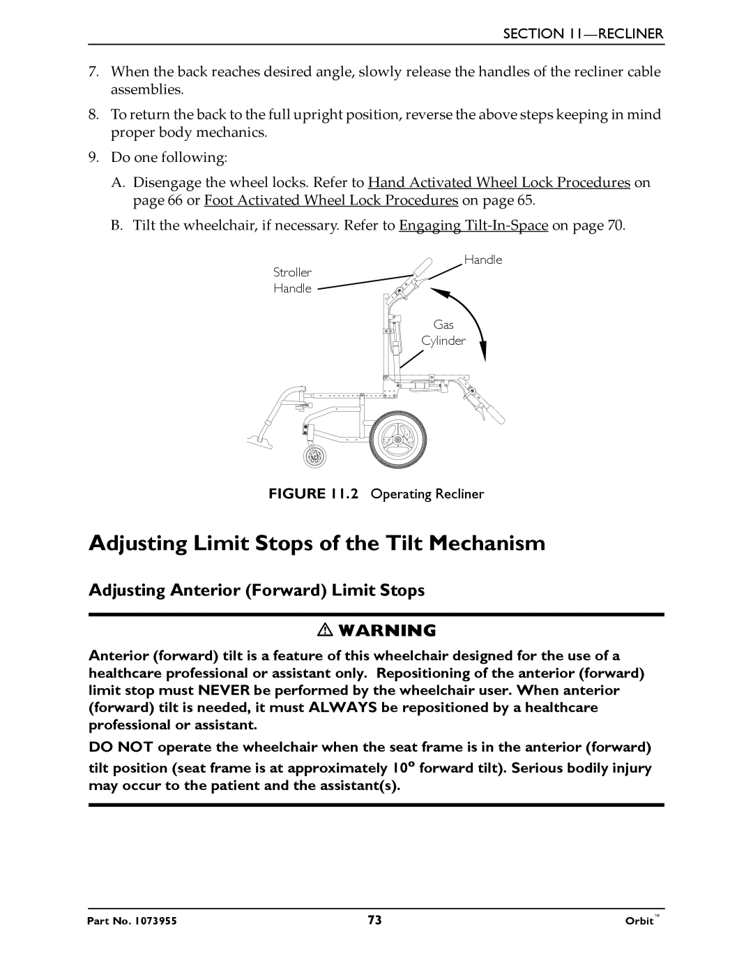 Invacare 1073955 manual Adjusting Limit Stops of the Tilt Mechanism, Adjusting Anterior Forward Limit Stops 