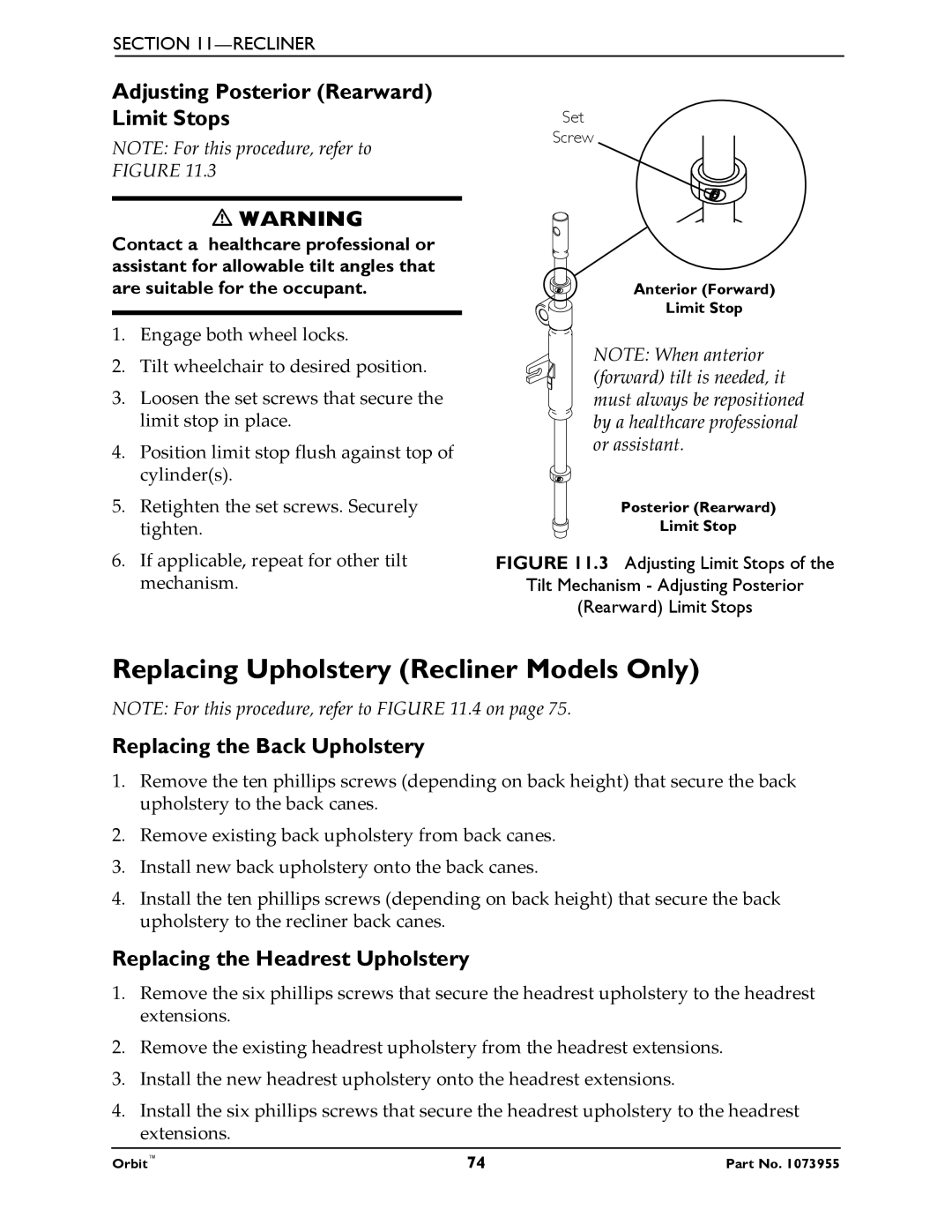 Invacare 1073955 manual Replacing Upholstery Recliner Models Only, Adjusting Posterior Rearward Limit Stops 