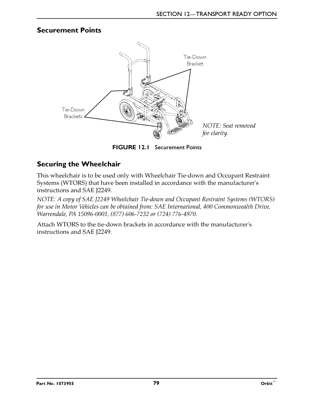 Invacare 1073955 manual Securement Points, Securing the Wheelchair 