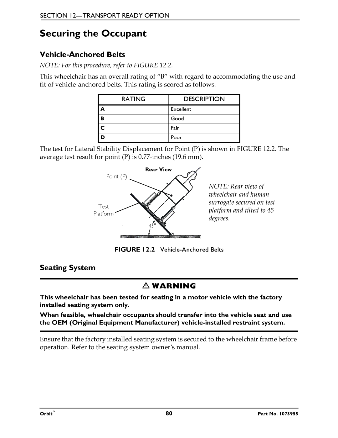 Invacare 1073955 manual Securing the Occupant, Vehicle-Anchored Belts, Seating System 