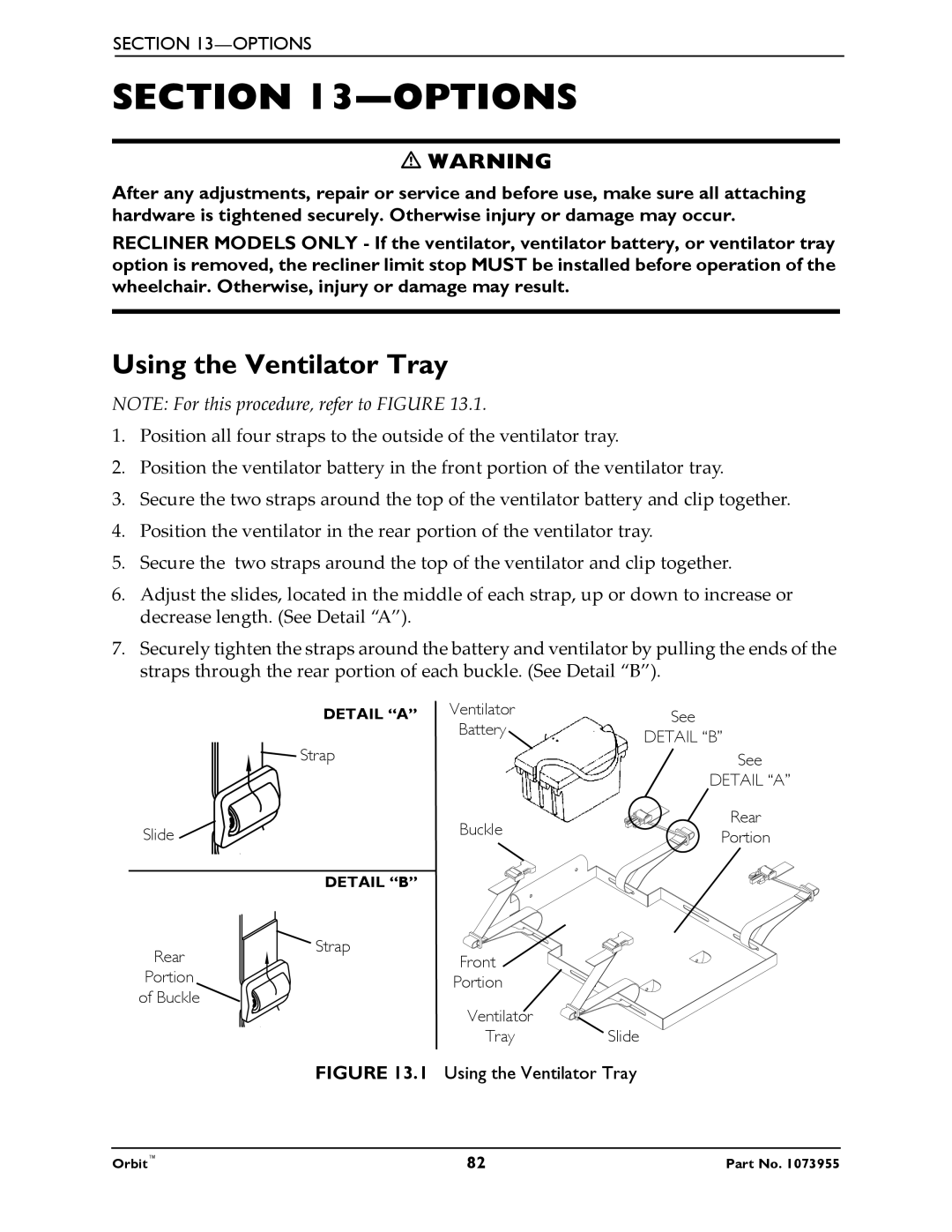 Invacare 1073955 manual Options, Using the Ventilator Tray 