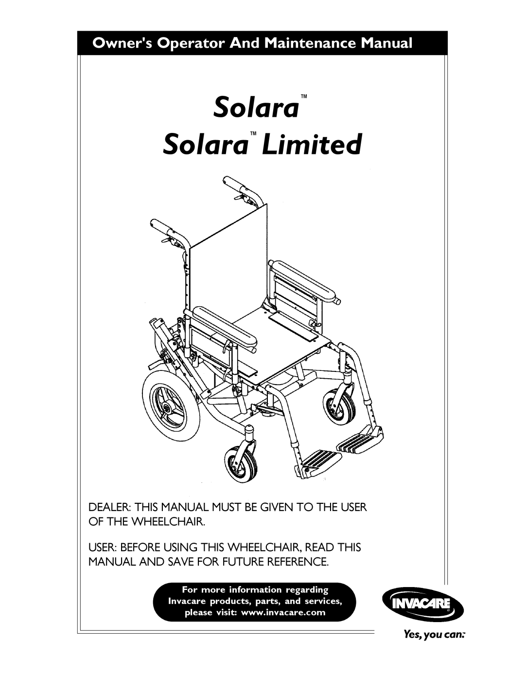 Invacare 1080556 manual Solara SolaraLimited 