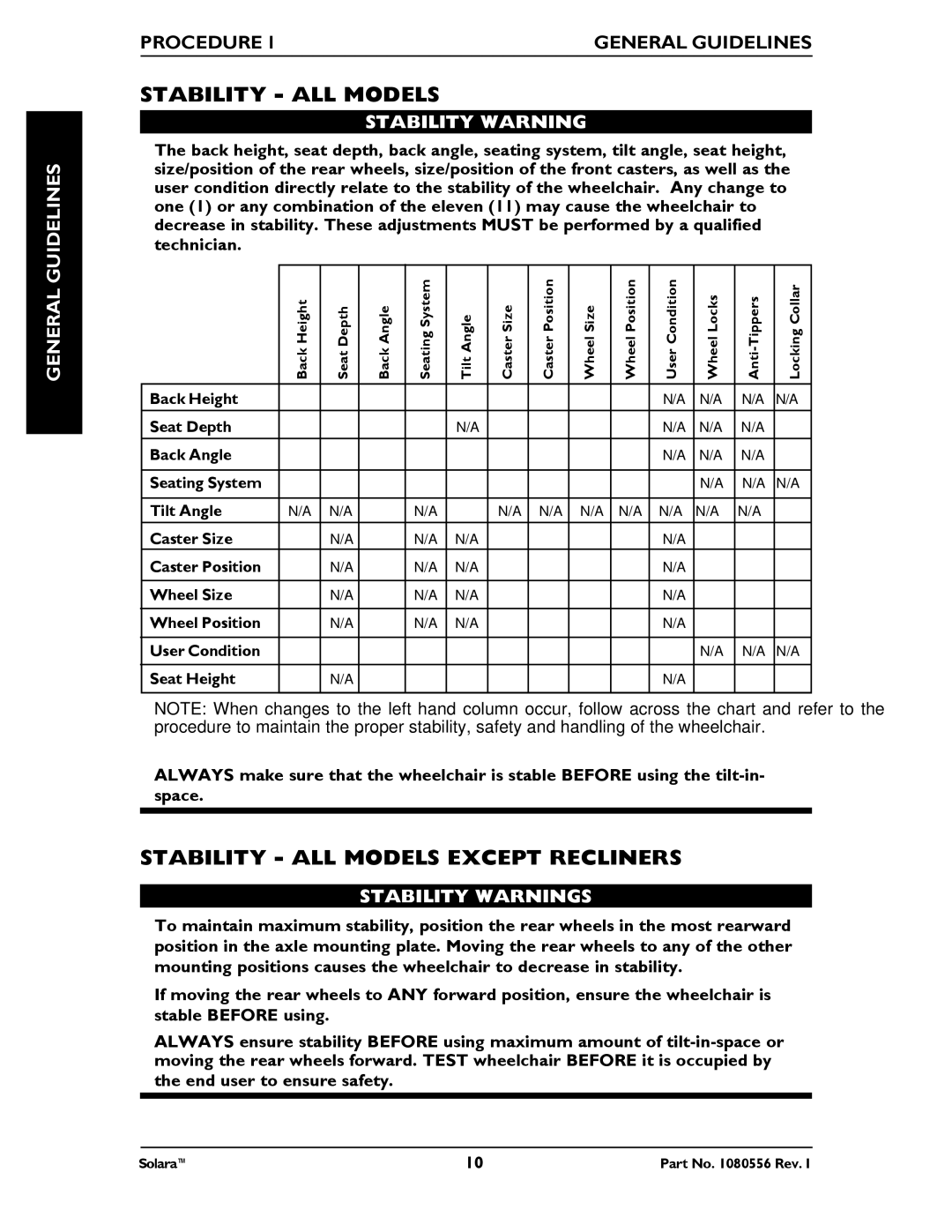 Invacare 1080556 manual Stability ALL Models Except Recliners, Procedure General Guidelines, Stability Warning 