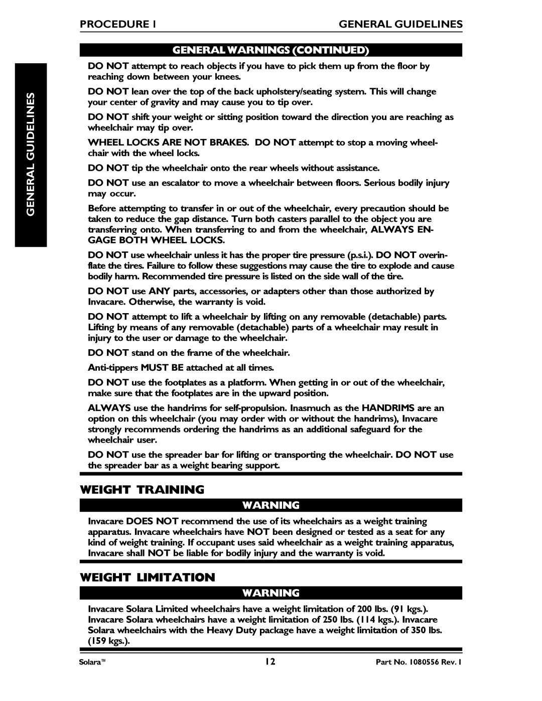 Invacare 1080556 manual Weight Training, Weight Limitation 