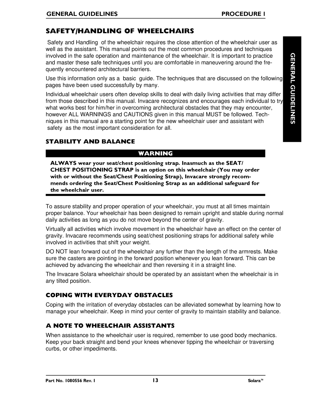 Invacare 1080556 manual SAFETY/HANDLING of Wheelchairs, Stability and Balance, Coping with Everyday Obstacles 