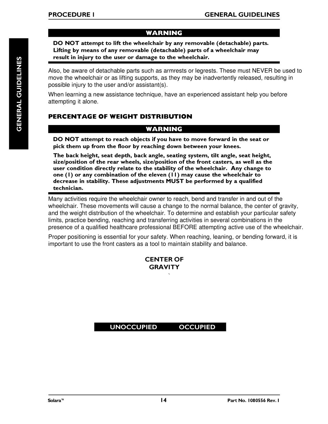 Invacare 1080556 manual Percentage of Weight Distribution, Center Gravity, Unoccupied Occupied 