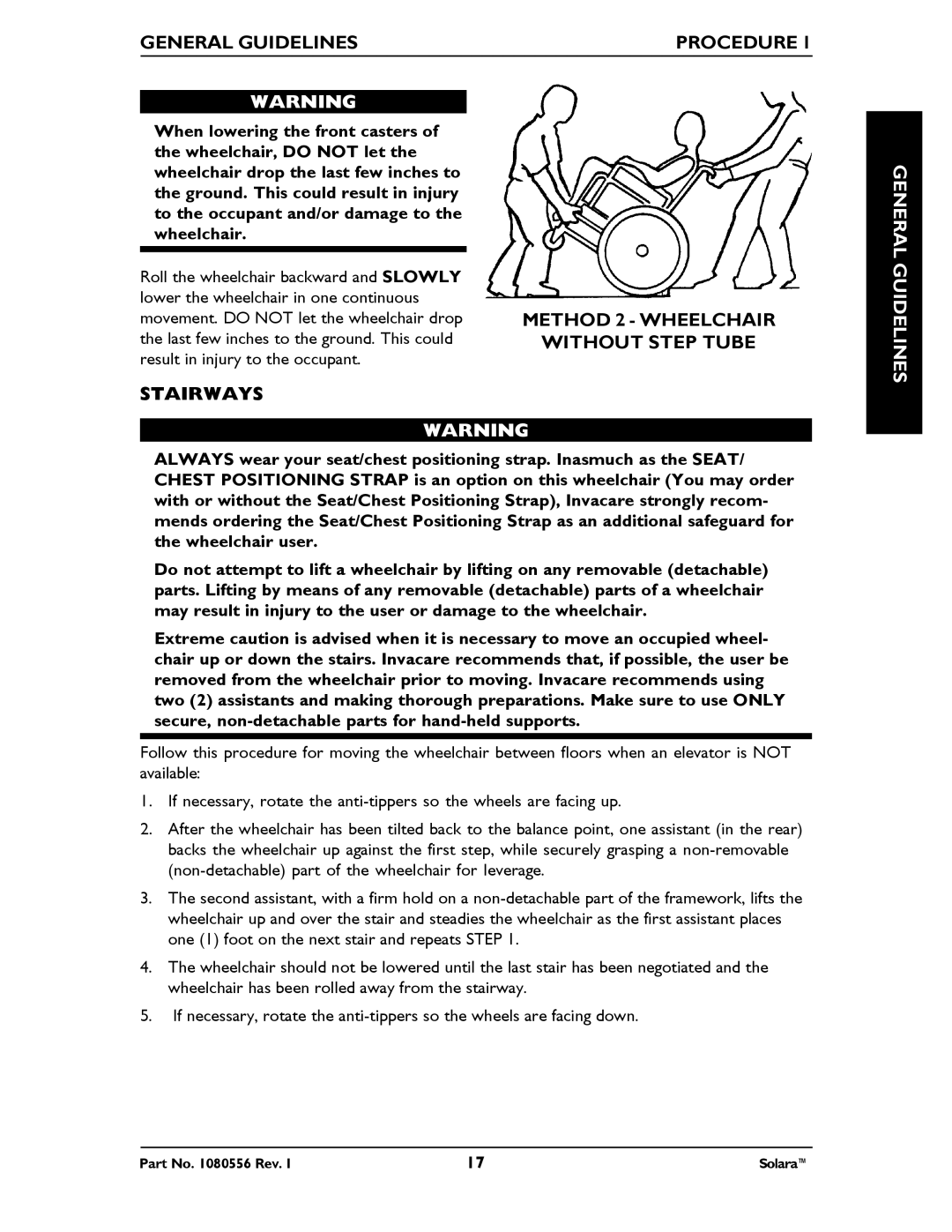 Invacare 1080556 manual Method 2 Wheelchair, Without Step Tube, Stairways 