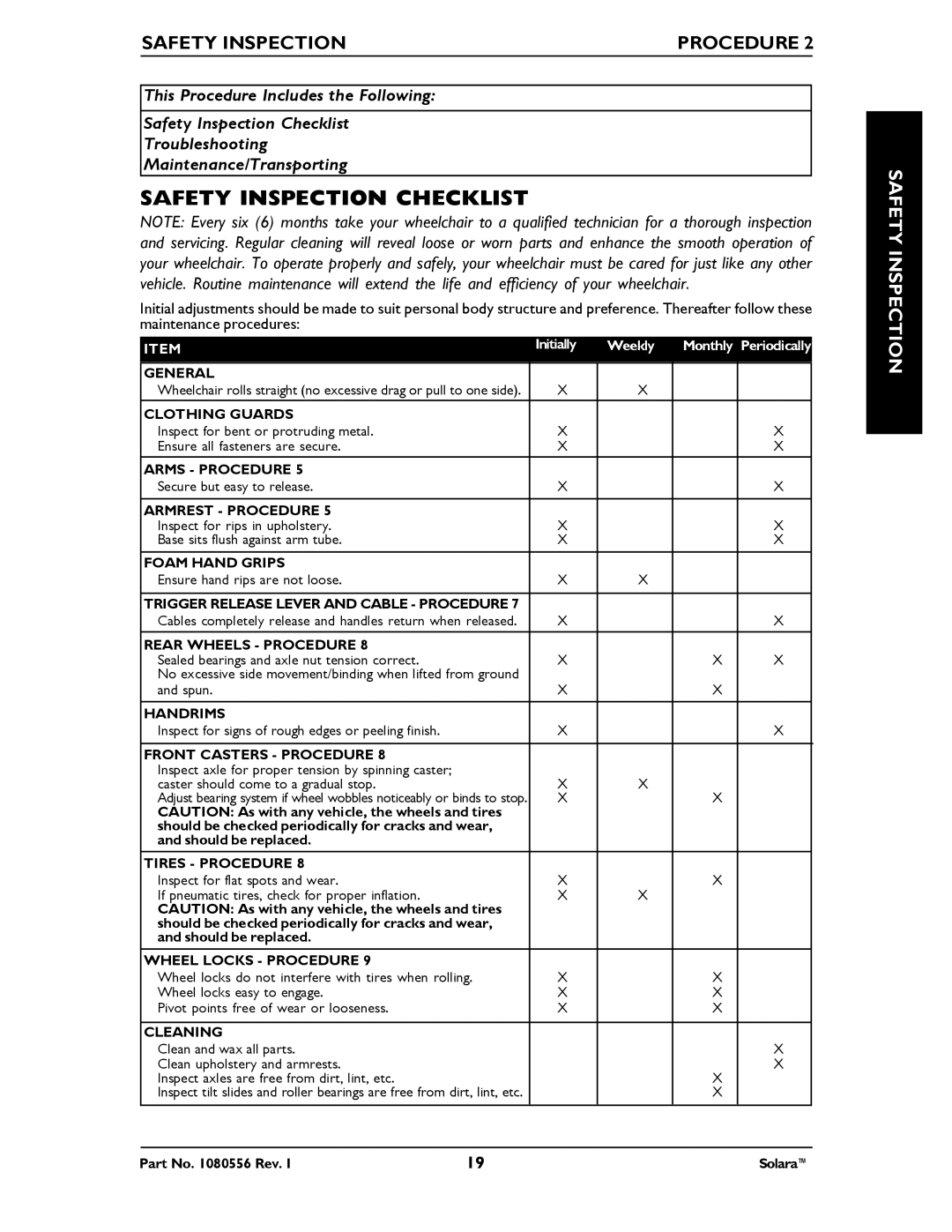 Invacare 1080556 manual Safety Inspection Checklist 