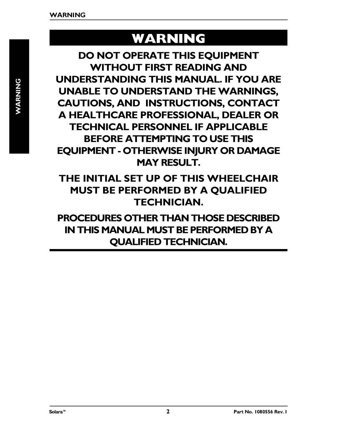 Invacare 1080556 manual Solara 