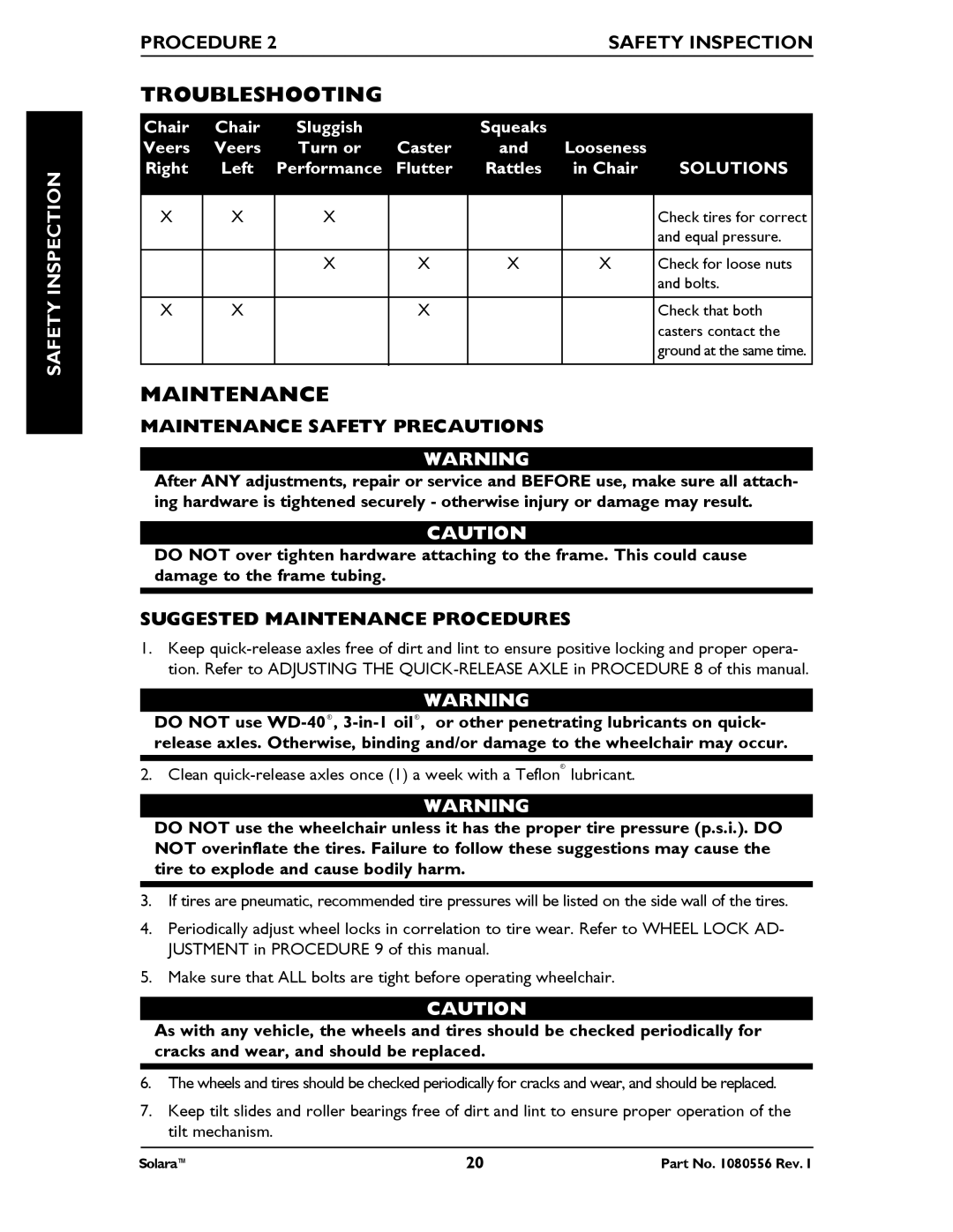 Invacare 1080556 manual Troubleshooting, Procedure 2SAFETY Inspection, Maintenance Safety Precautions 