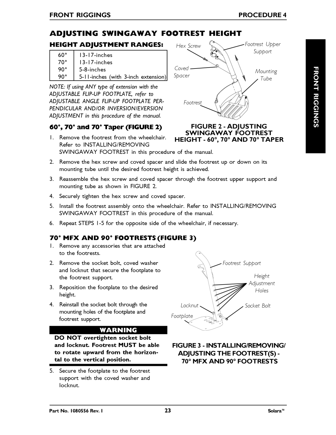 Invacare 1080556 manual Adjusting Swingaway Footrest Height, Height Adjustment Ranges, MFX and 90 Footrests Figure 