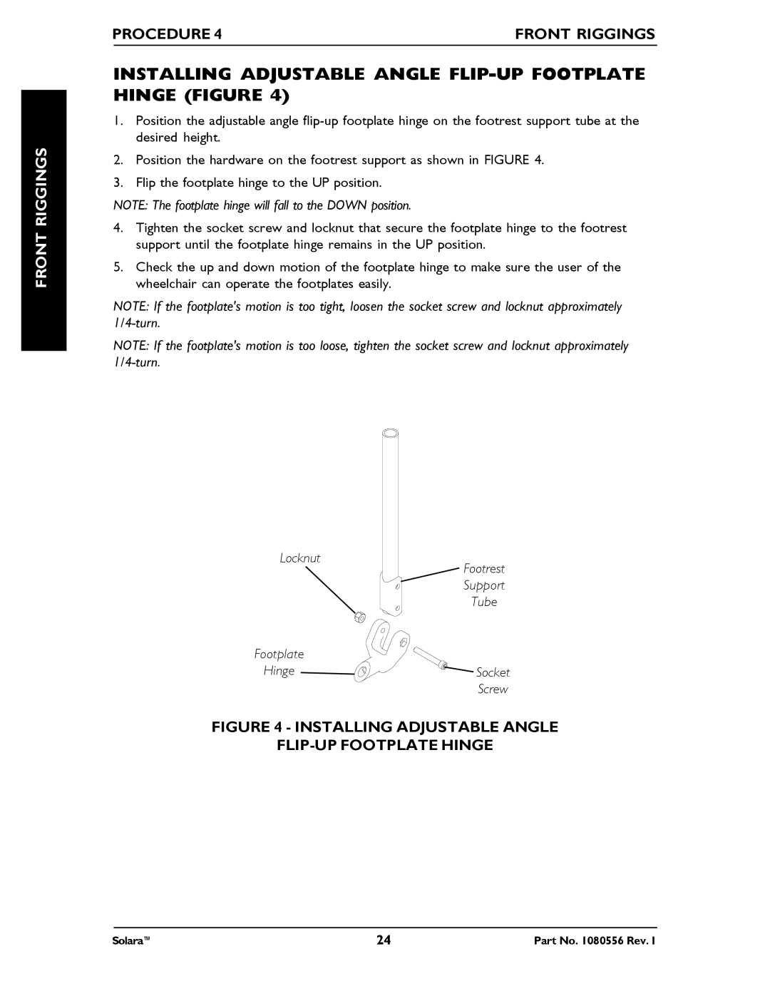 Invacare 1080556 manual Installing Adjustable Angle FLIP-UP Footplate Hinge Figure 