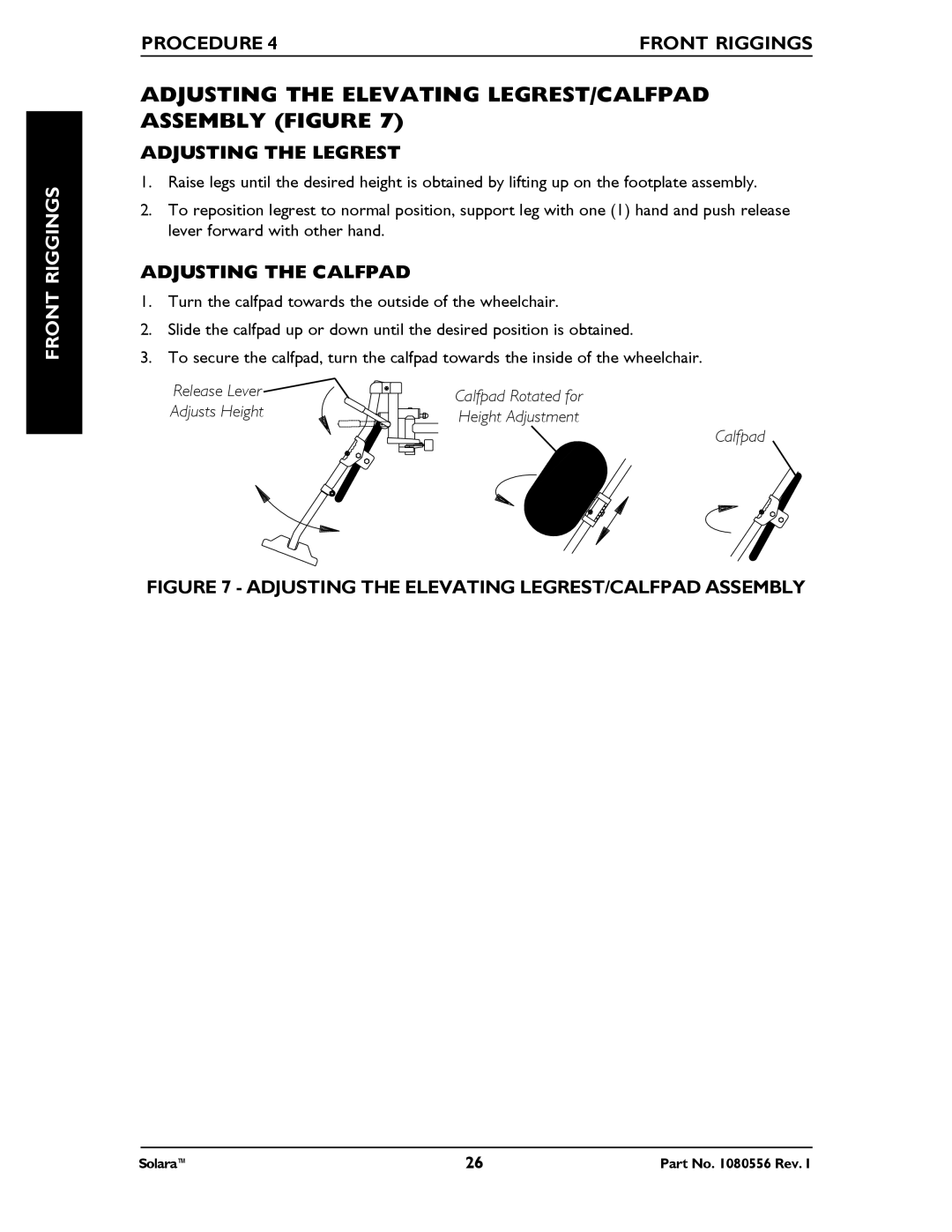 Invacare 1080556 Adjusting the Elevating LEGREST/CALFPAD Assembly Figure, Adjusting the Legrest, Adjusting the Calfpad 