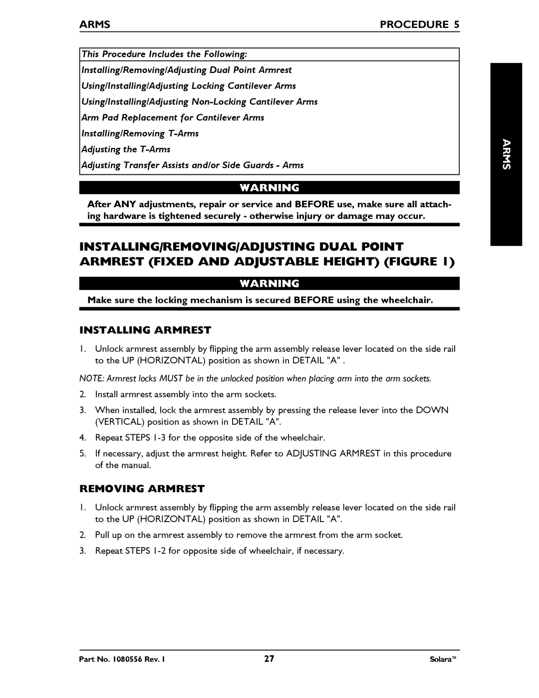 Invacare 1080556 manual Arms Procedure, Installing Armrest, Removing Armrest 