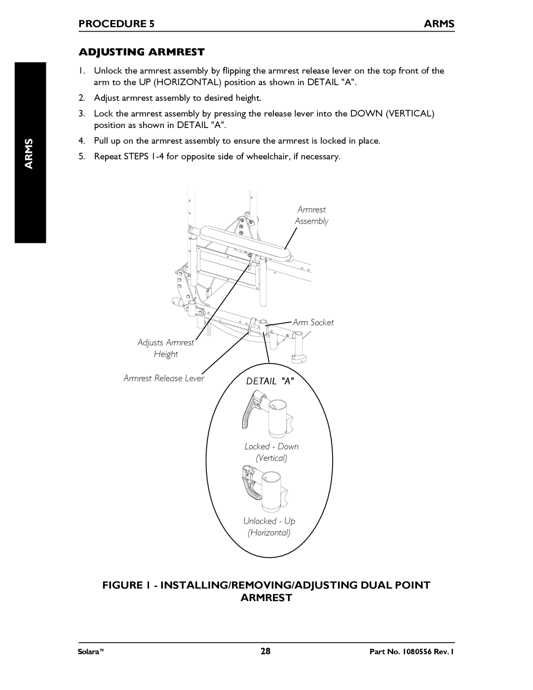 Invacare 1080556 manual Procedure Arms Adjusting Armrest, INSTALLING/REMOVING/ADJUSTING Dual Point Armrest 