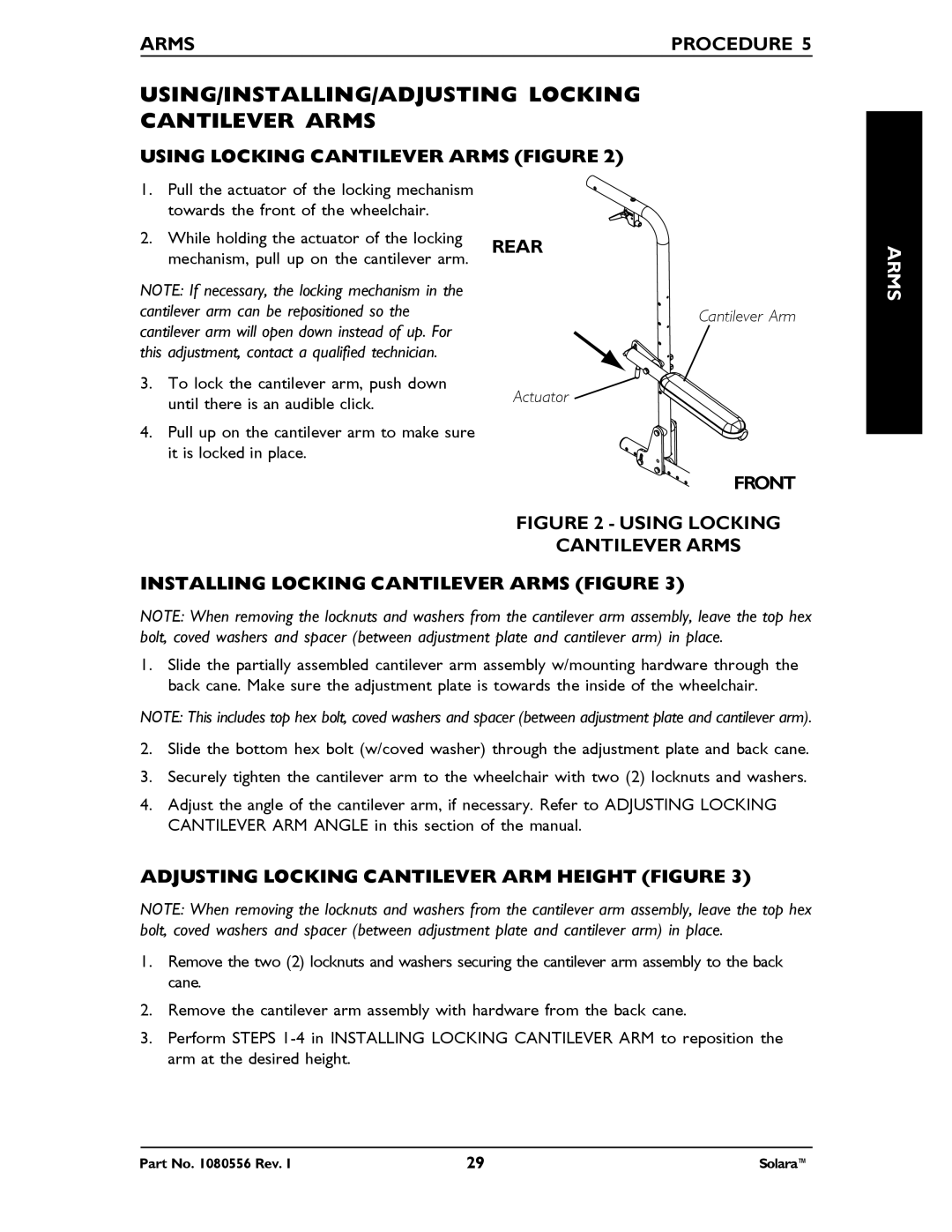 Invacare 1080556 USING/INSTALLING/ADJUSTING Locking Cantilever Arms, Using Locking Cantilever Arms Figure, Rear, Front 