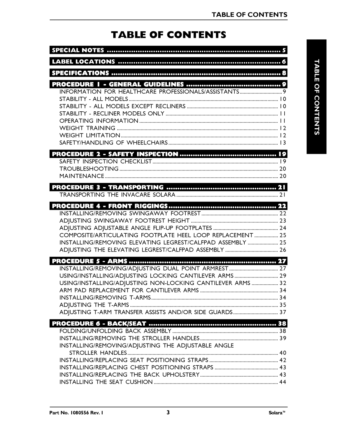 Invacare 1080556 manual Table of Contents 