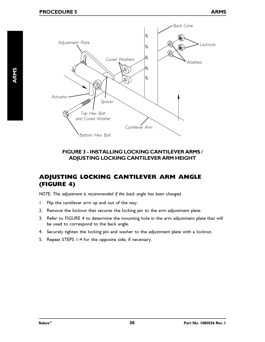 Invacare 1080556 manual Adjusting Locking Cantilever ARM Angle Figure, Procedure Arms 