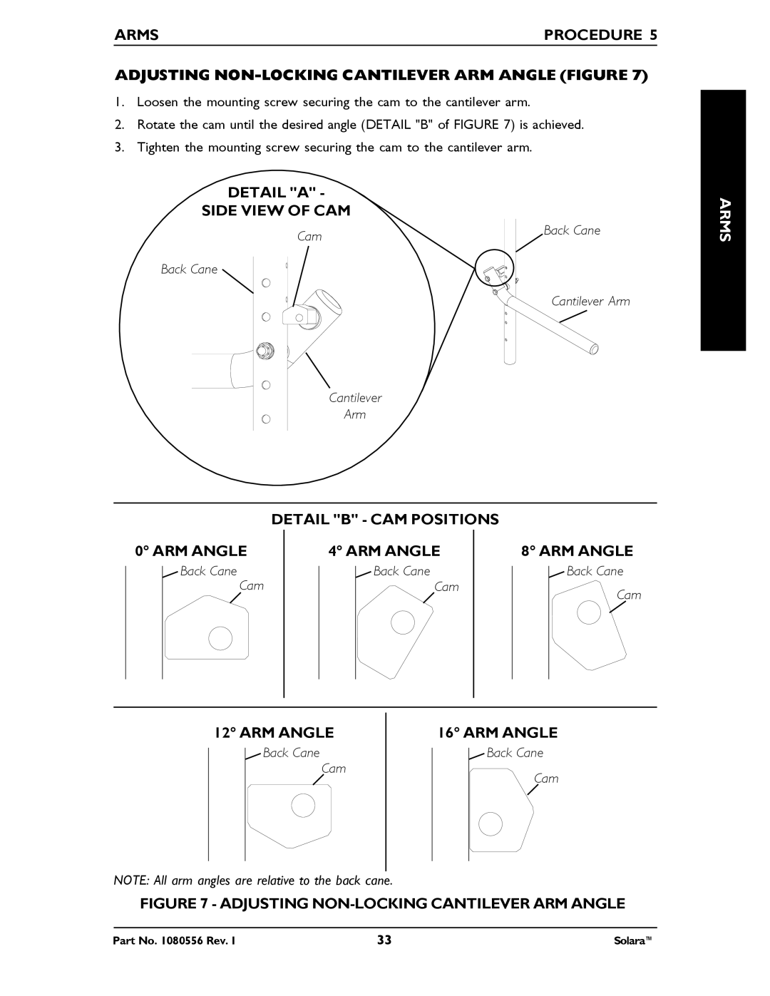 Invacare 1080556 manual Detail a Side View of CAM, ARM Angle 