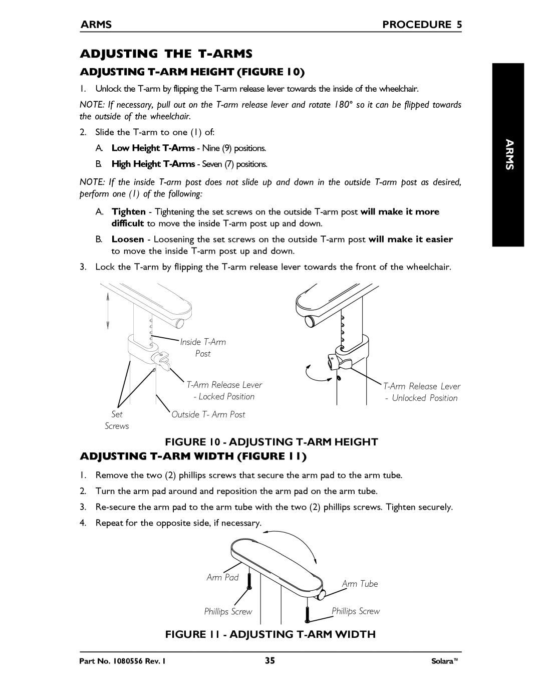 Invacare 1080556 manual Adjusting the T-ARMS, Adjusting T-ARM Height Figure 