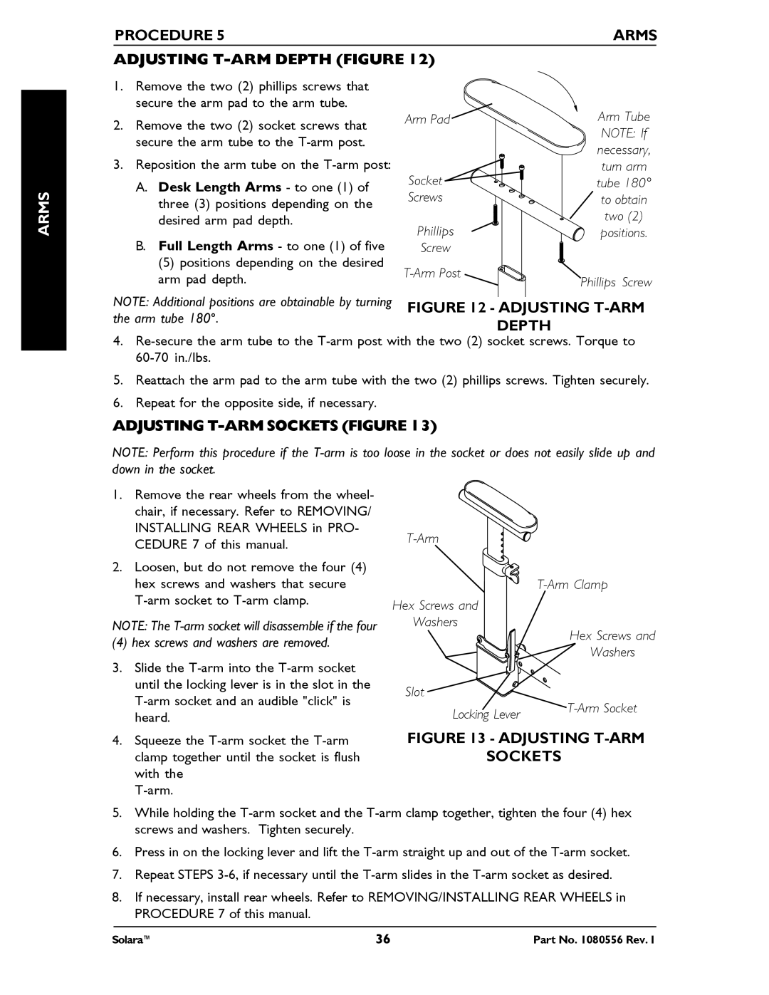 Invacare 1080556 manual Procedure Arms Adjusting T-ARM Depth Figure, Adjusting T-ARM Sockets Figure 