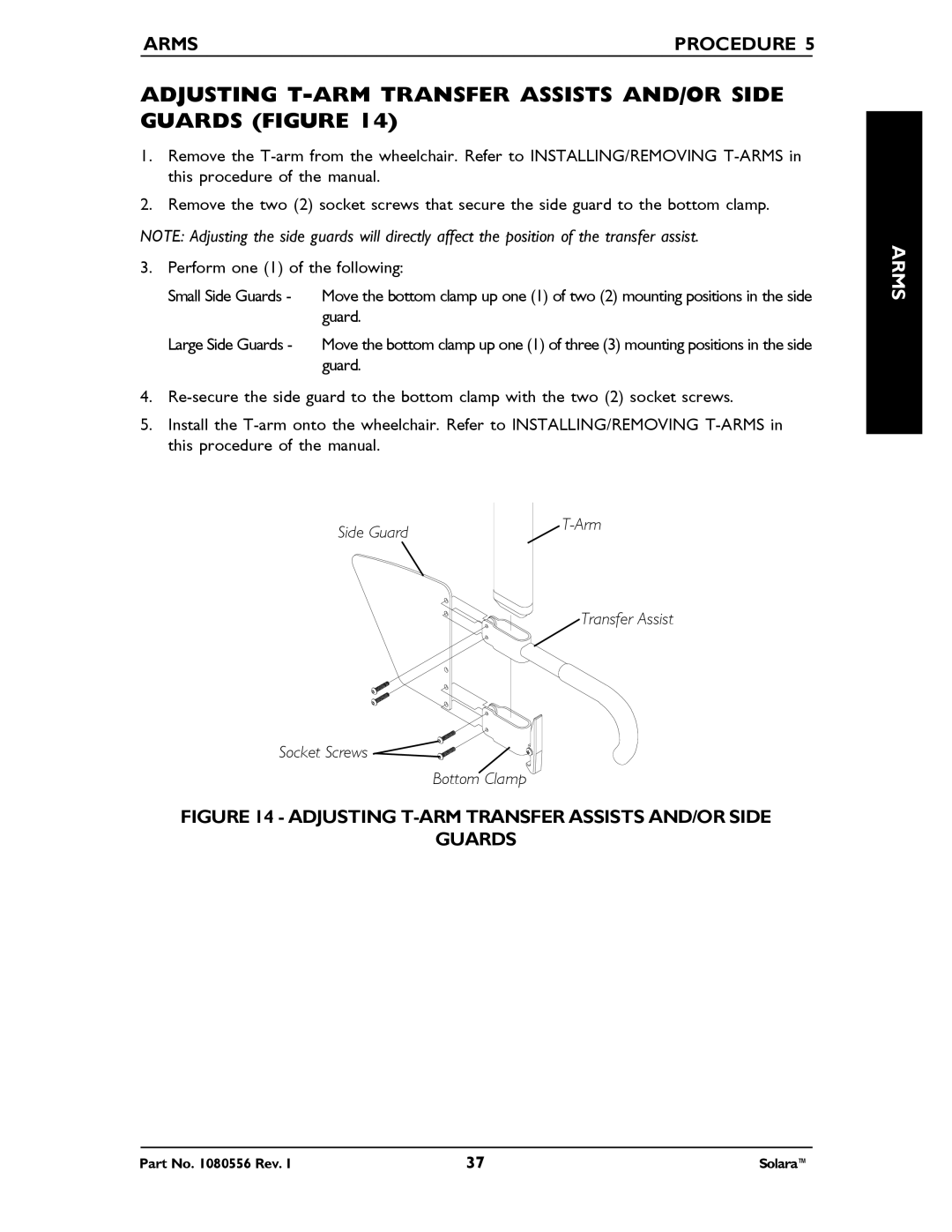 Invacare 1080556 manual Adjusting T-ARM Transfer Assists AND/OR Side Guards Figure 