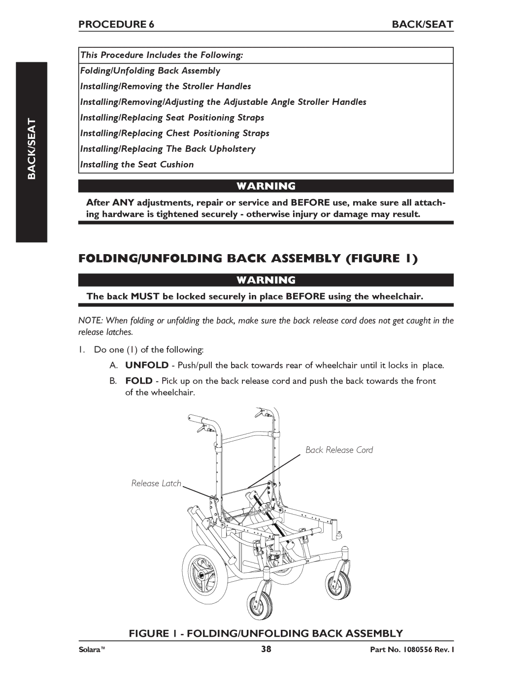 Invacare 1080556 manual FOLDING/UNFOLDING Back Assembly Figure, Back/Seat, Procedure BACK/SEAT 