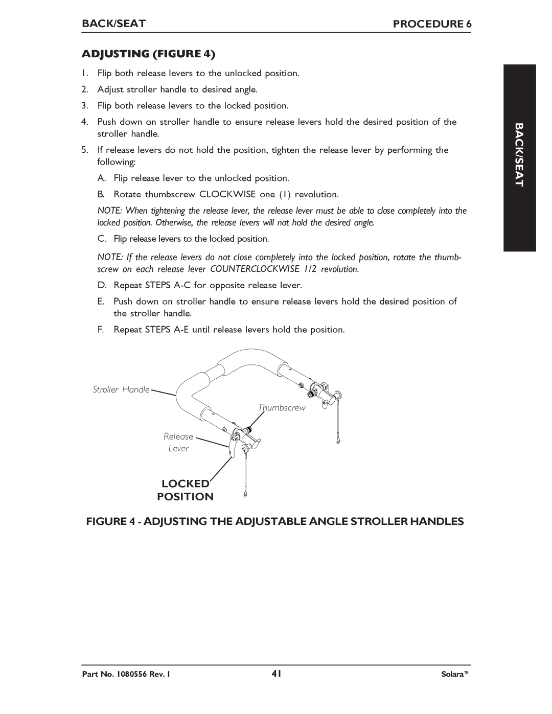 Invacare 1080556 manual Adjusting Figure, Locked Position 