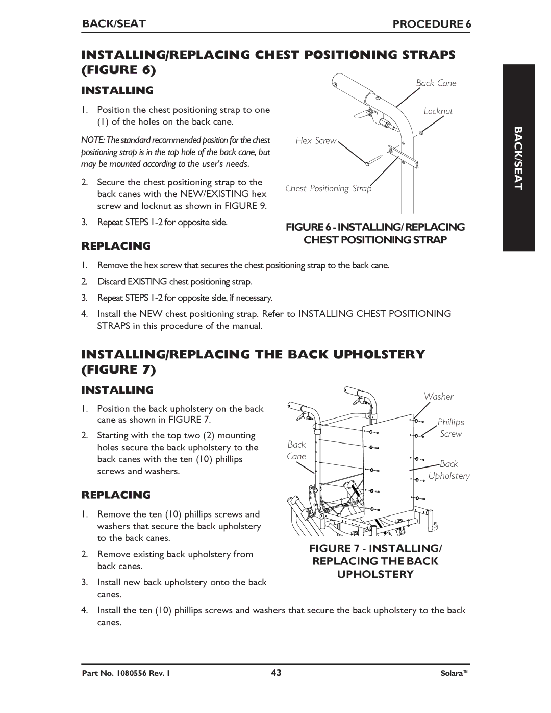 Invacare 1080556 manual INSTALLING/REPLACING the Back Upholstery Figure, Back/Seatprocedure 