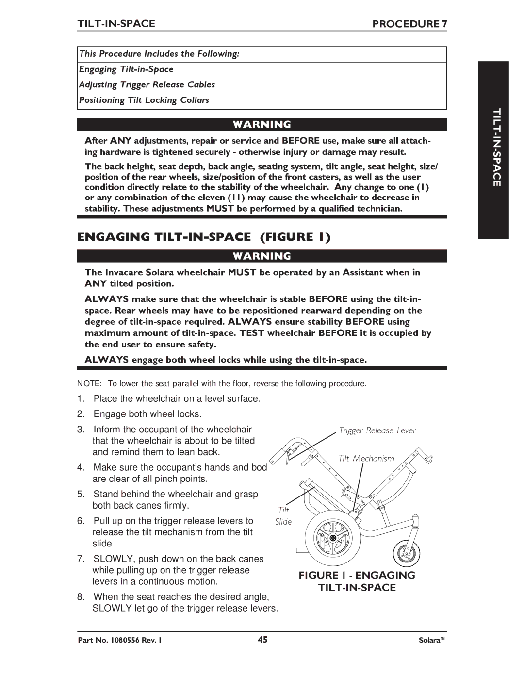 Invacare 1080556 manual Engaging TILT-IN-SPACE Figure, Tilt-In-Space 