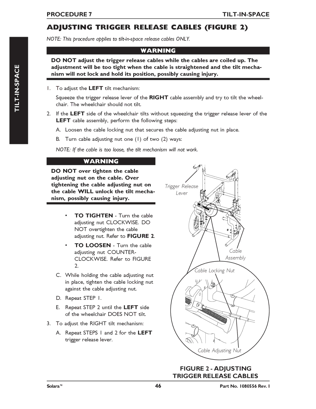 Invacare 1080556 manual Adjusting Trigger Release Cables Figure, Procedure TILT-IN-SPACE 