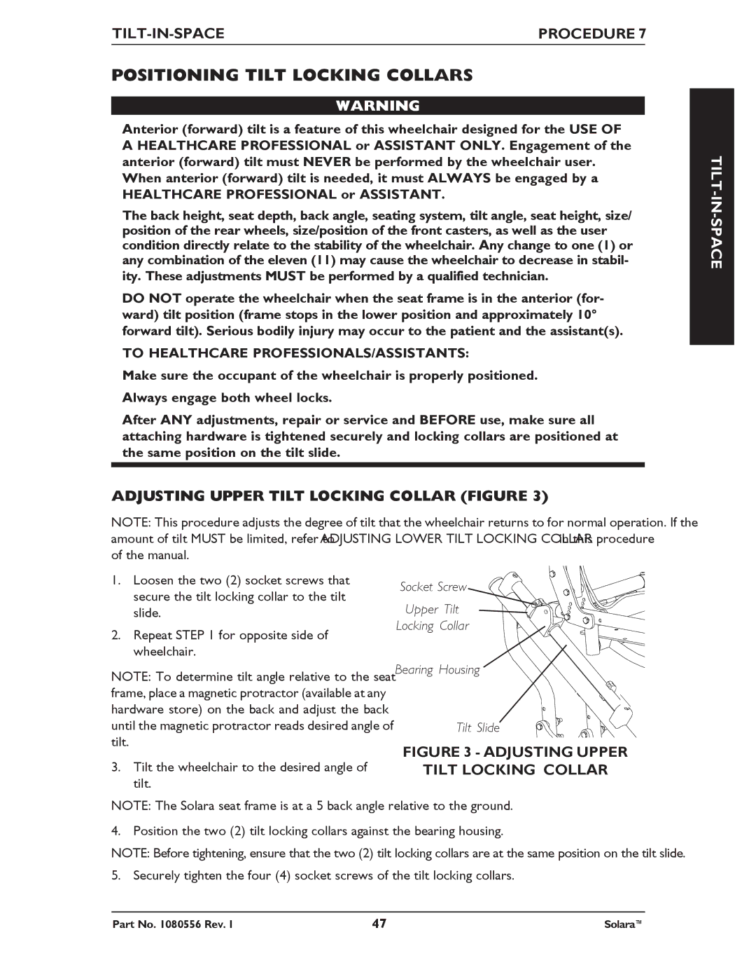 Invacare 1080556 manual Positioning Tilt Locking Collars, Adjusting Upper Tilt Locking Collar Figure 