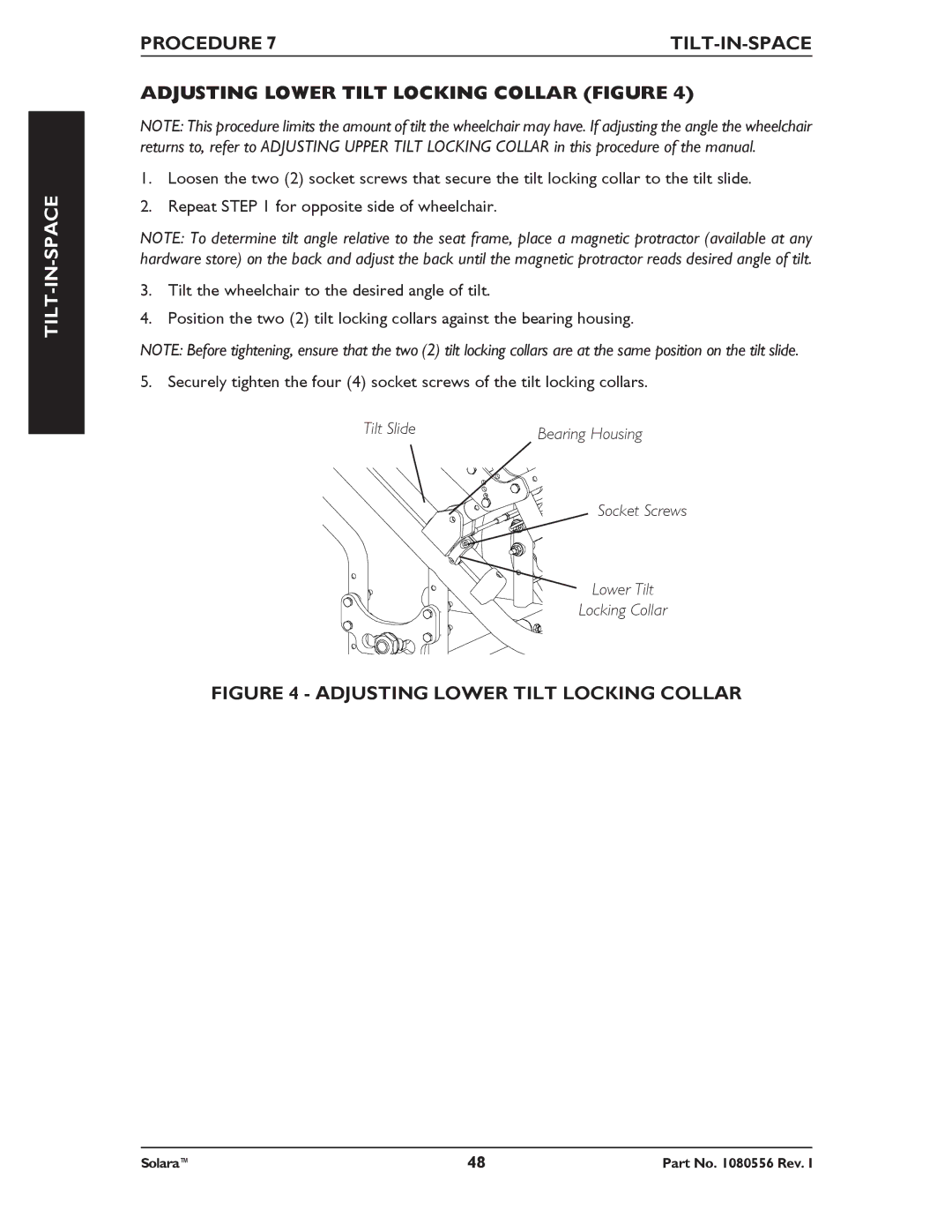 Invacare 1080556 manual Adjusting Lower Tilt Locking Collar 