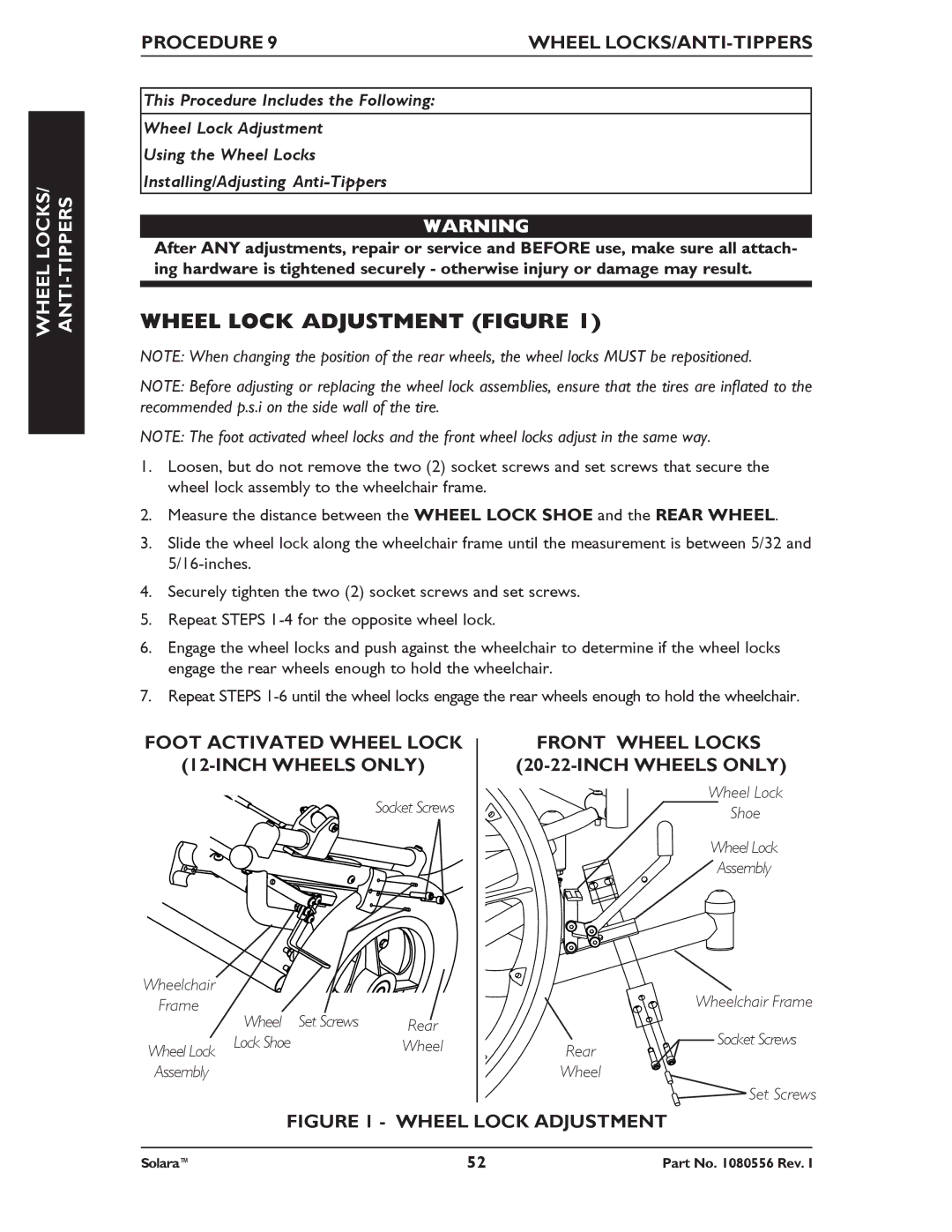 Invacare 1080556 manual Wheel Lock Adjustment Figure, Wheel LOCKS/ ANTI-TIPPERS, Procedure Wheel LOCKS/ANTI-TIPPERS 