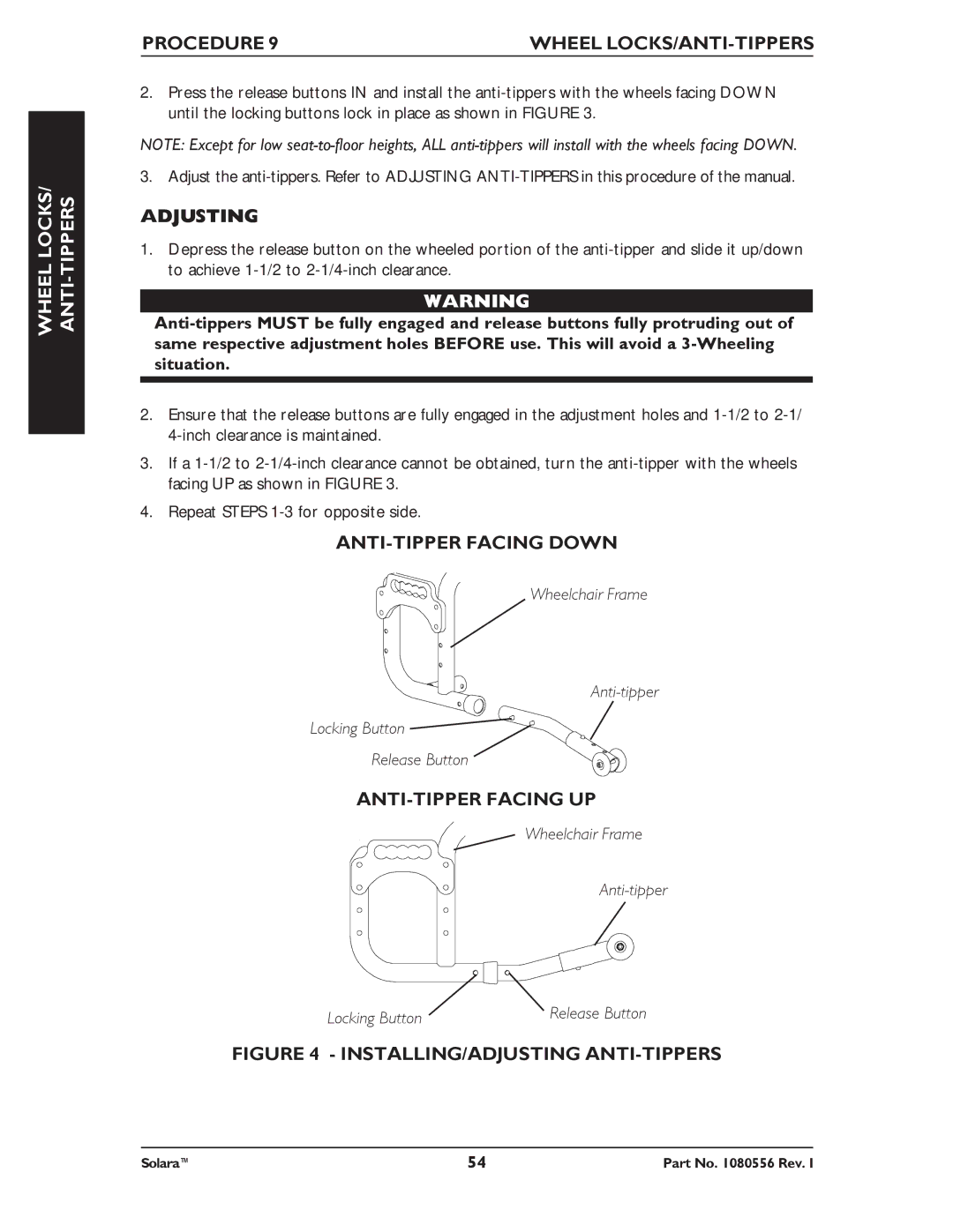 Invacare 1080556 manual ANTI-TIPPER Facing Down, Installing/Adjusting Anti-Tippers 